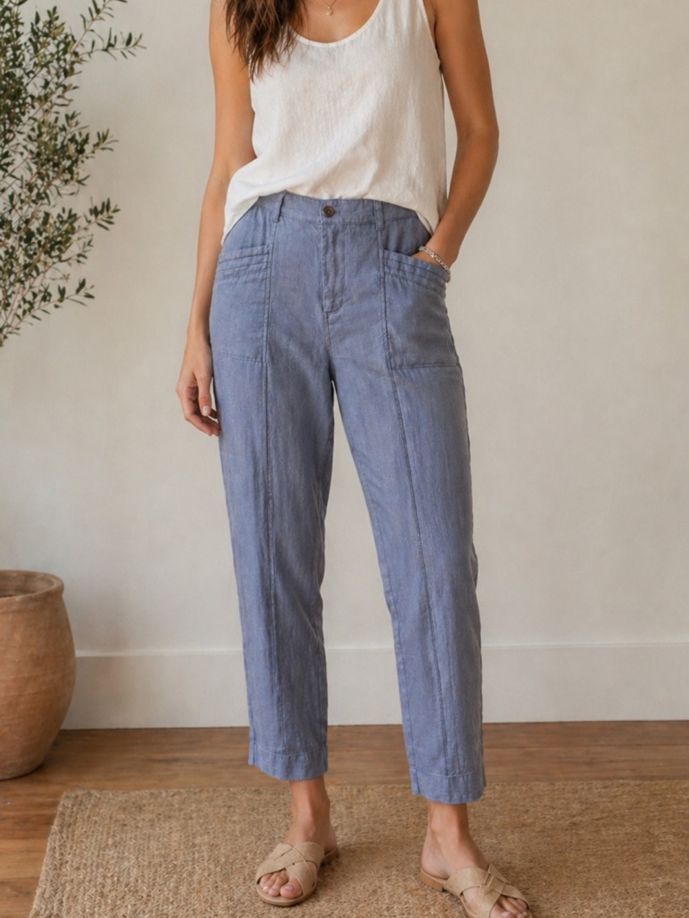 Nicole Miller 100% Linen Natural, Relaxed Fit Pants Large Slate Blue Gray Crop